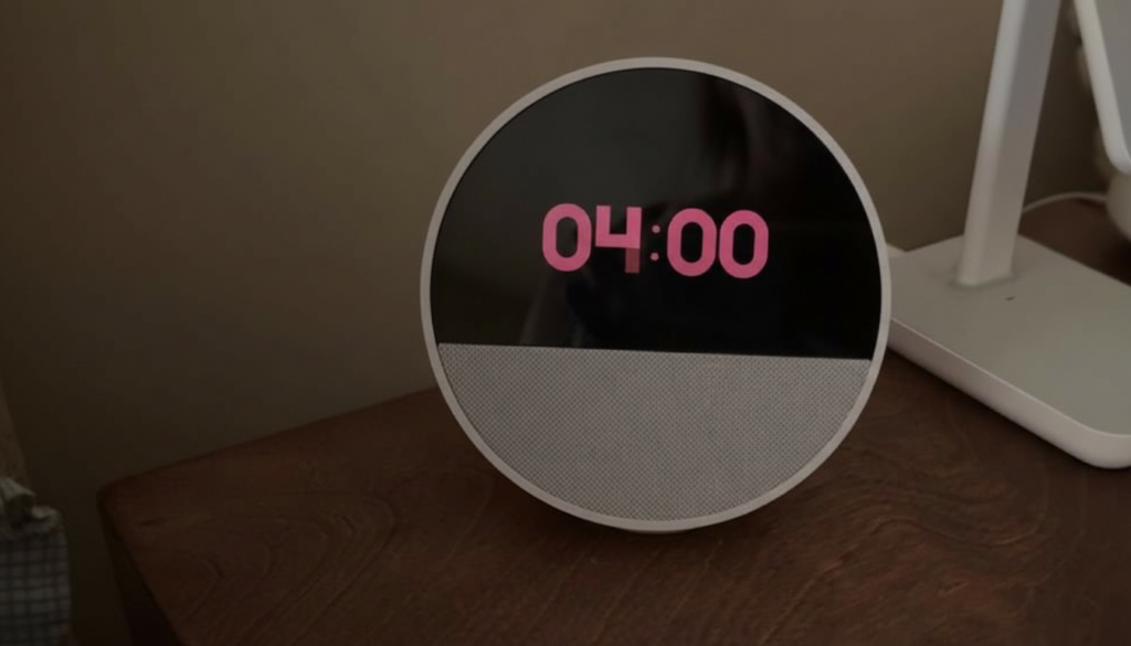 Echo Spot smart device showing 4:00 AM to reinforce storyline