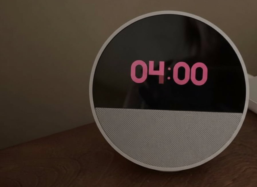 Echo Spot smart device showing 4:00 AM to reinforce storyline